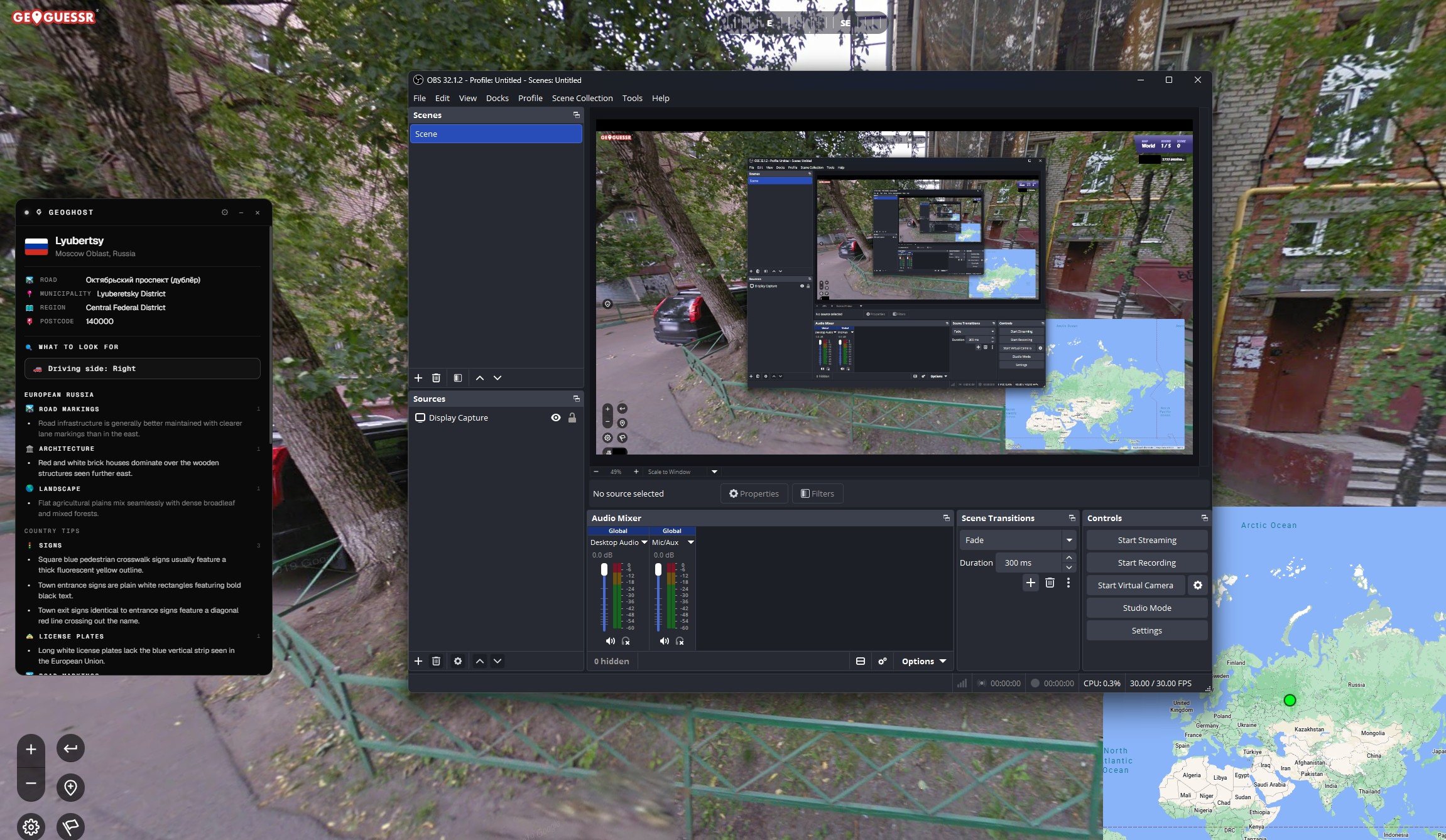 OBS Display Capture recording with stream-invisible mode on — the GeoGhost GeoGuessr overlay is completely hidden from the capture while still visible to the player.